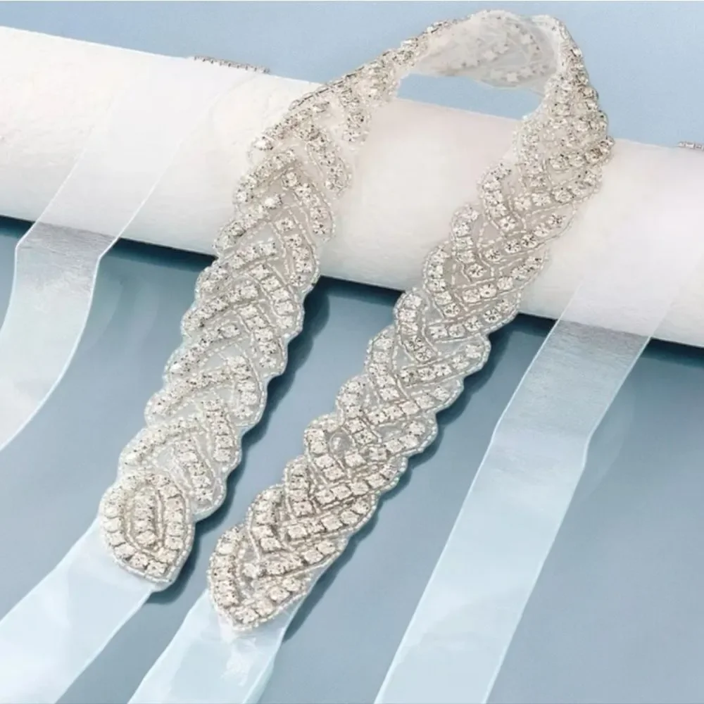 Rhinestone Bridal Belt Sash Crystal Beaded Wedding Dress Waist Tie White 95
